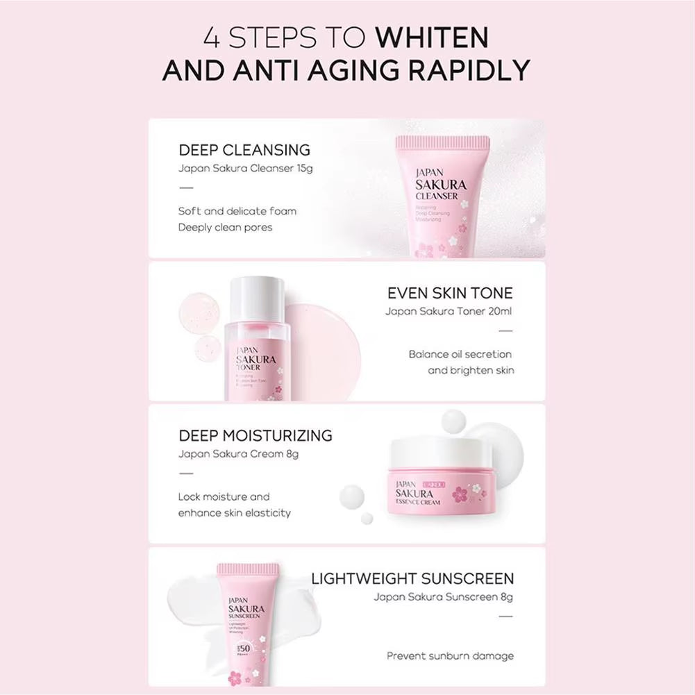 4Pcs/Bag Sakura Skin Care Sets Facial Cleanser Face Face Toner Sunscreen Moisturizing Smoothing Nourishing Skincare Product