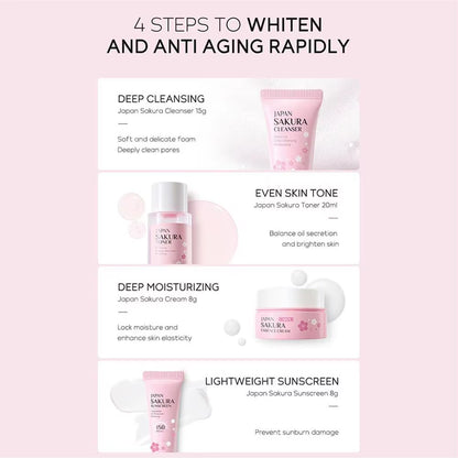 4Pcs/Bag Sakura Skin Care Sets Facial Cleanser Face Face Toner Sunscreen Moisturizing Smoothing Nourishing Skincare Product